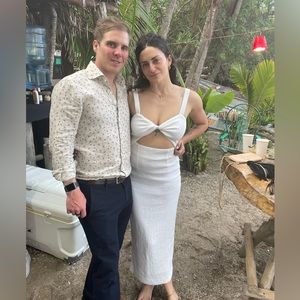 Shona Joy Fitted Cut Out Midi Dress in Ivory